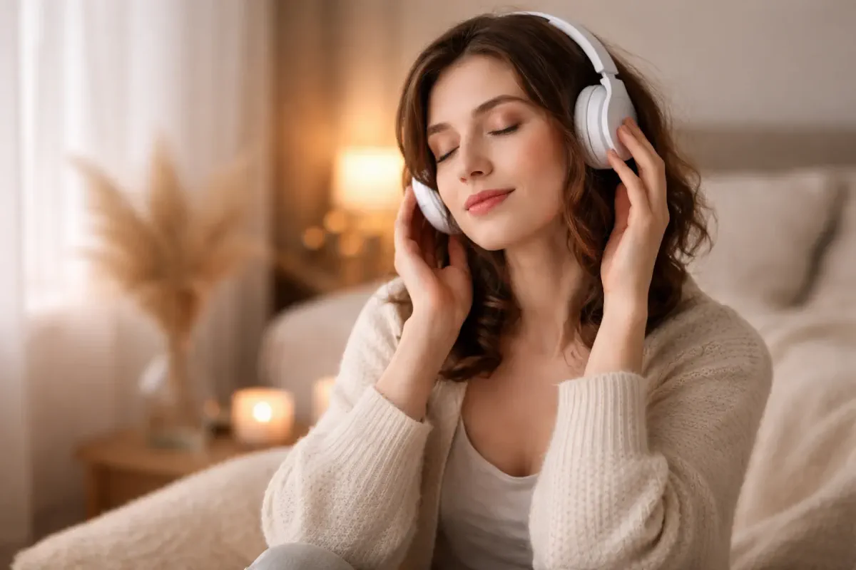 erson peacefully listening to Feminine Presence Hypnosis audio session